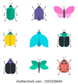 Bugs, insects, Butterfly, ladybug, beetle, swallowtail, dragonfly collection. 9 Vector Insects and Beetles on a white background - Vector.