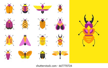 Bugs, insects, Butterfly, ladybug, beetle, swallowtail, dragonfly collection. Modern set of icons, symbols and illustrations