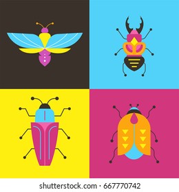 Bugs, insects, Butterfly, ladybug, beetle, swallowtail, dragonfly collection. Modern set of icons, symbols and illustrations
