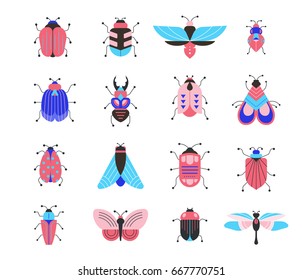 Bugs, insects, Butterfly, ladybug, beetle, swallowtail, dragonfly collection. Modern set of icons, symbols and illustrations