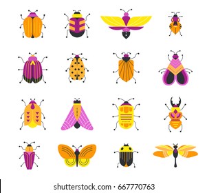Bugs, insects, Butterfly, ladybug, beetle, swallowtail, dragonfly collection. Modern set of icons, symbols and illustrations