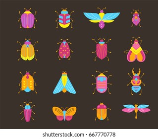 Bugs, insects, Butterfly, ladybug, beetle, swallowtail, dragonfly collection. Modern set of icons, symbols and illustrations