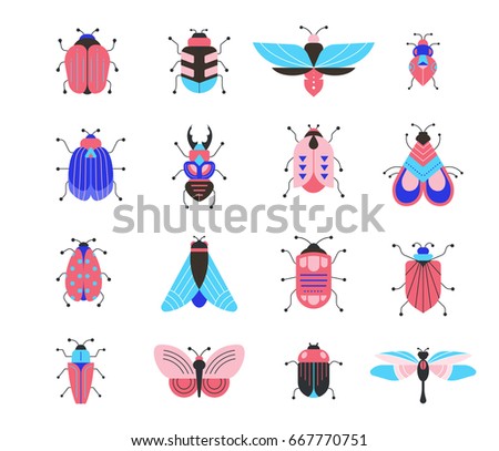 Bugs, insects, Butterfly, ladybug, beetle, swallowtail, dragonfly collection. Modern set of icons, symbols and illustrations