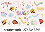 Bugs and insects cartoon collection featuring cheerful bees, butterflies, ladybugs, and caterpillars. Childish naive style set for textile, stationery, and packaging design projects.
