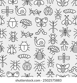 Bugs and insects creepy crawler seamless pattern icon set bundle simple modern minimalist line shape clean flat isolated collection background wallpaper backdrop