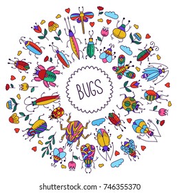 Bugs insects doodle colorful icons round frame