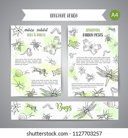 Bugs insects hand drawn banner. Pest control concept. Entomology poster Cartoon illustration of pests and bug. Vector illustration concept