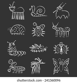 Bugs And Insects Icon Collection Set On Blackboard