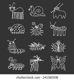 Bugs And Insects Icon Collection Set On Blackboard