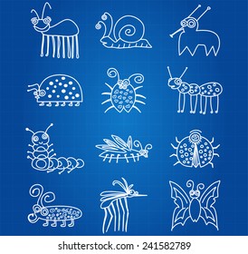Bugs And Insects Icon Collection Set On Blueprint