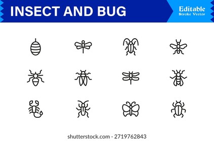 Colección de iconos de línea de insectos: Ilustraciones de vida silvestre únicas, perfectas en píxeles y editables