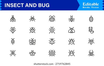 Bugs and Insects Line Icon Collection - Ilustrações únicas, perfeitas para pixels e editáveis para a vida selvagem