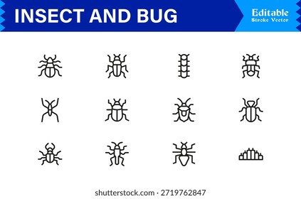 Bugs and Insects Line Icon Collection - Ilustrações únicas, perfeitas para pixels e editáveis para a vida selvagem