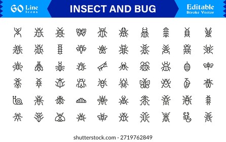 Bugs and Insects Line Icon Collection - Ilustrações únicas, perfeitas para pixels e editáveis para a vida selvagem