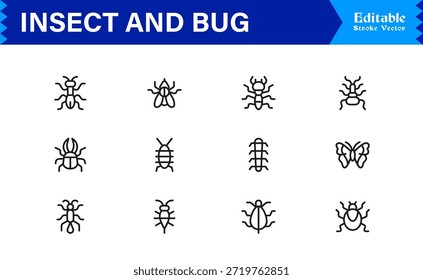 Bugs and Insects Line Icon Collection - Ilustrações únicas, perfeitas para pixels e editáveis para a vida selvagem