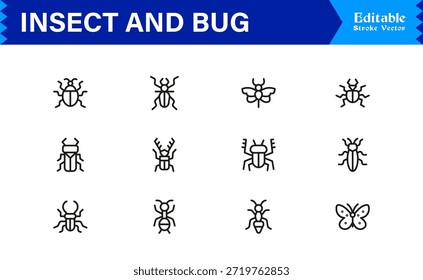 Bugs and Insects Line Icon Collection - Ilustrações únicas, perfeitas para pixels e editáveis para a vida selvagem