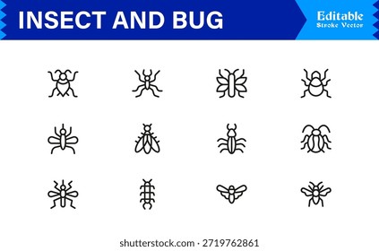 Bugs and Insects Line Icon Collection - Ilustrações únicas, perfeitas para pixels e editáveis para a vida selvagem