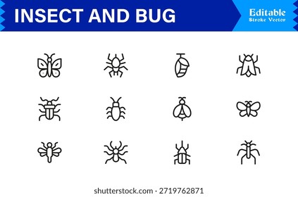 Bugs and Insects Line Icon Collection - Ilustrações únicas, perfeitas para pixels e editáveis para a vida selvagem