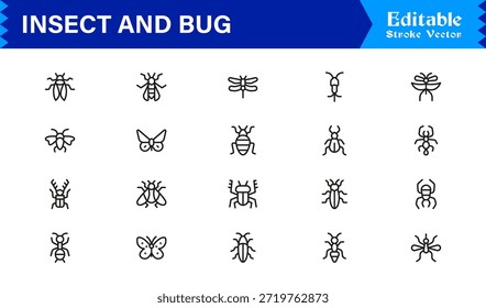 Bugs and Insects Line Icon Collection - Ilustrações únicas, perfeitas para pixels e editáveis para a vida selvagem