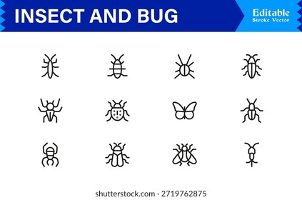 Bugs and Insects Line Icon Collection - Ilustrações únicas, perfeitas para pixels e editáveis para a vida selvagem
