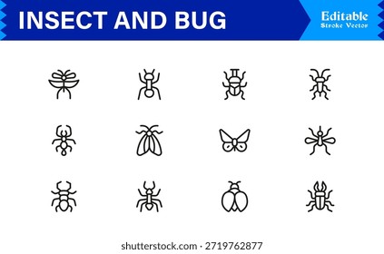 Bugs and Insects Line Icon Collection - Ilustrações únicas, perfeitas para pixels e editáveis para a vida selvagem