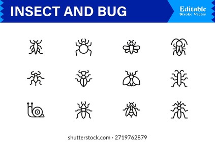 Bugs and Insects Line Icon Collection - Ilustrações únicas, perfeitas para pixels e editáveis para a vida selvagem