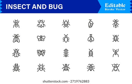 Bugs and Insects Line Icon Collection - Ilustrações únicas, perfeitas para pixels e editáveis para a vida selvagem