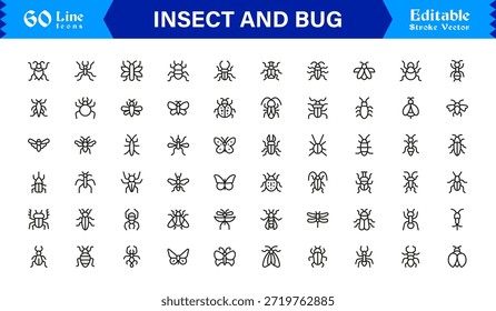 Bugs and Insects Line Icon Collection - Ilustrações únicas, perfeitas para pixels e editáveis para a vida selvagem
