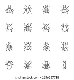 Bugs insects line icons set. linear style symbols collection, outline signs pack. Pests bug vector graphics. Set includes icons as caterpillar, beetle, parasite, cricket, flea, ant, gnat