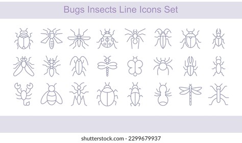 Bugs insects line icons set, insect icons set vector, beetle icons, cockroach vector sign, different icons