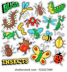 Bugs and Insects Patches, Stickers, Badges Set for Prints, Textile. Vector Doodle in Comic Style