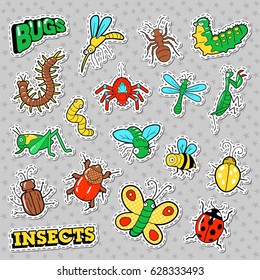 Bugs and Insects Patches, Stickers, Badges Set for Prints and Textile. Vector Doodle