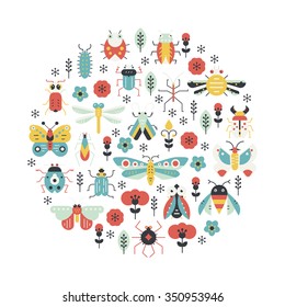 Bugs and insects poster design. Circle decoration element made in vector with cute creatures.