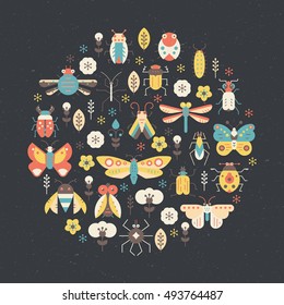 Bugs and insects poster design. Circle decoration element made in vector with cute creatures.