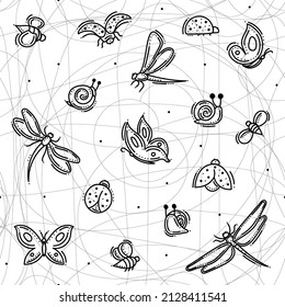 Bugs and Insects Seamless Pattern. With Dragonflies, Butterflies, Bees, Ladybirds and Snails