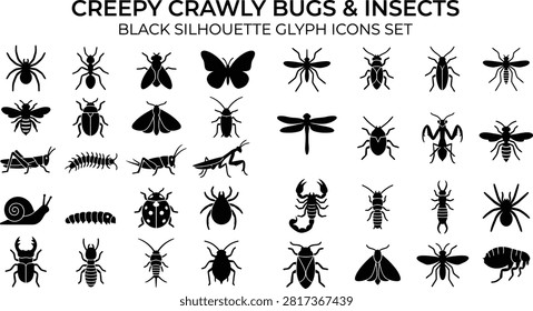 Bugs and Insects Silhouette Icon Set – Creepy Crawly Glyph Symbols