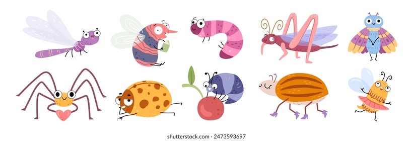 Bugs, isolated funny insects mascots. Vector smiling worm, spider and moth. Chilling ladybug, happy potato beetle and field cricket. Exited dragonfly, honey bee and mosquito. Wildlife fauna