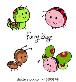 bugs in kids style. ant, butterfly and ladybug.