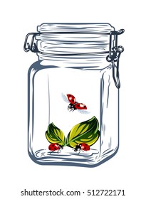 Bugs ladybugs in a glass jar, freehand drawing