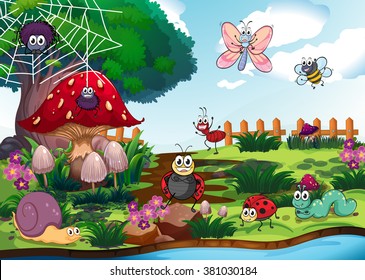 Bugs living by the river illustration