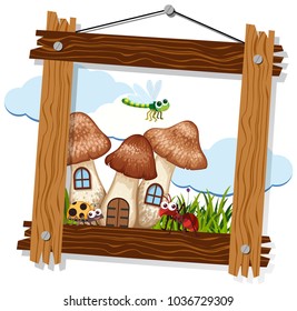 Bugs and mushroom house in wooden frame illustration