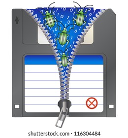 Bugs on a floppy diskette with zipper. Vector Illustration.