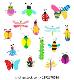 Bugs and other insects funny set, cute design. Vector graphic illustration