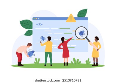 Busca de bugs em código de aplicativo móvel e software, teste. Minúsculas pessoas olham através da lupa em bug, testadores inspecionam e analisam comandos do programa, zoom vírus e trojan cartoon ilustração vetor