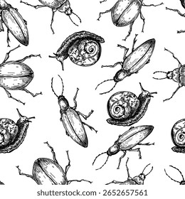 Bugs and snails outline vector seamless pattern. Black and white repeated background of longhorn beetles, scarabs, and spiral shelled snails. Monochrome insect hand drawn for naturalist print.