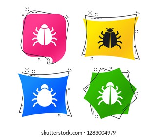 Bugs vaccination icons. Virus software error sign symbols. Geometric colorful tags. Banners with flat icons. Trendy design. Vector