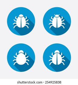 Bugs vaccination icons. Virus software error sign symbols. Circle concept web buttons. Vector