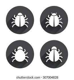 Bugs vaccination icons. Virus software error sign symbols. Circles buttons with long flat shadow. Vector