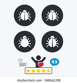 Bugs vaccination icons. Virus software error sign symbols. Star vote ranking. Client like and think bubble. Quotes with message.