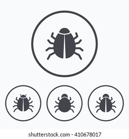 Bugs vaccination icons. Virus software error sign symbols. Icons in circles.